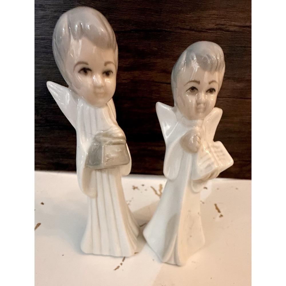 Vintage Eaton Collection Spain Porcelain Angel Figurines Choir Pair Gray White